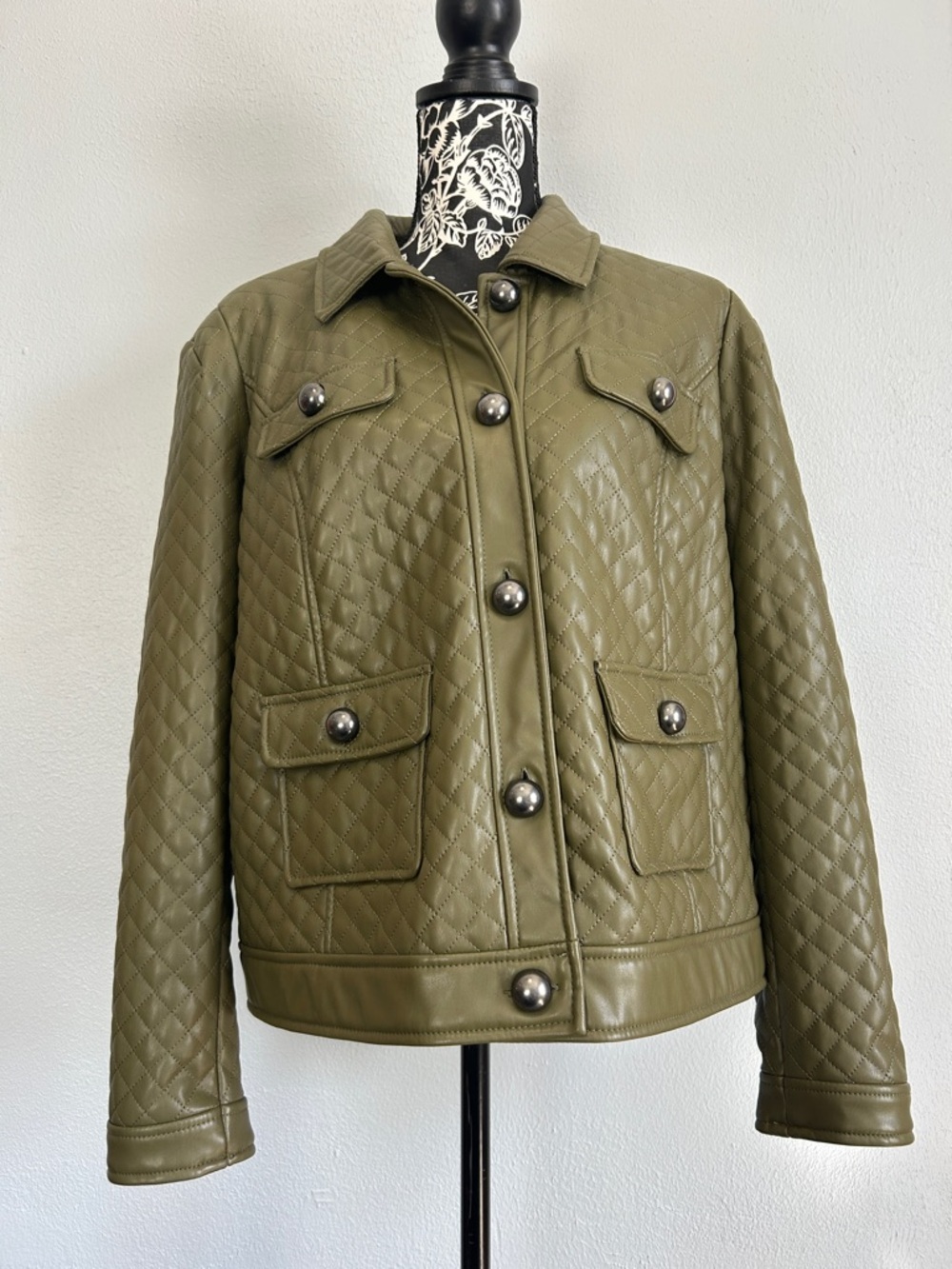 G by Giuliana Black Label Quilted Faux Leather Jacket Olive Green X-Large